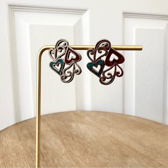 Silver Tone Turquoise Heart Scroll Red Accent Hanging Stud Earrings Southwestern - Picture 2 of 5